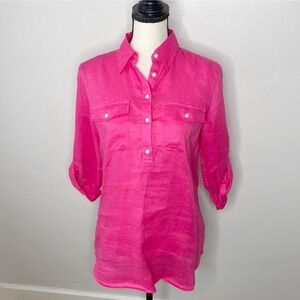 Lauren Ralph Lauren Pink 100% Linen Roll Tab Sleeve Shirt Women's XL Trendy #